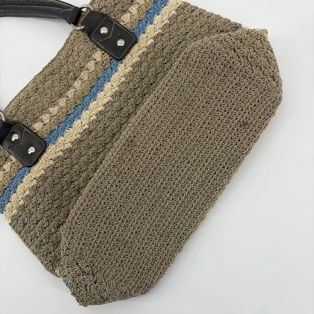 Crocheted Striped Tote‎ Bag Brown Tan Blue Faux Leather Handles